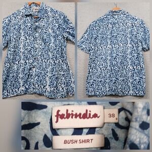 Fabindia Bush Shirt Mens 38 Blue White Swirl Print Cotton Short Sleeve Batik